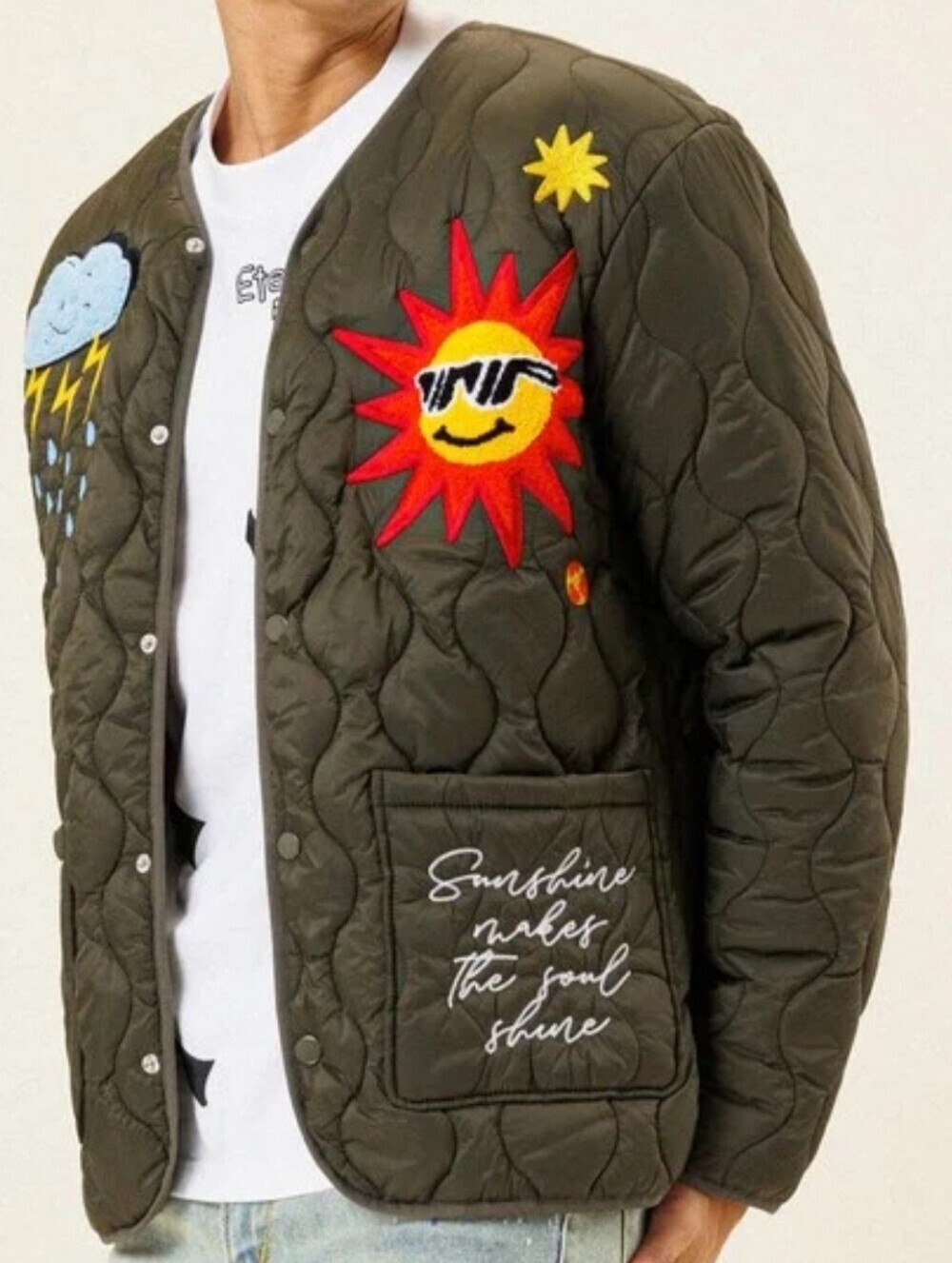 First Row Olive Green Quilted Puffer Jacket Men L Patches Embroidered Streetwear